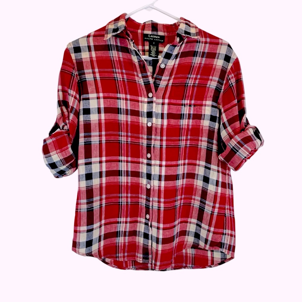 VTG Lauren Ralph Lauren 100% Linen Plaid Button Up Shirt Navy Red Off-White S/M - Picture 6 of 14